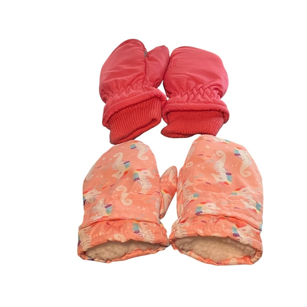Kids Set of 2 Mittens Pink Coral Unicorn Print/ Pink 3M Thinsulate  Mittens